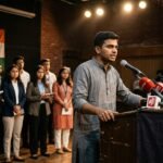 Abhijeet Dipke speaking at a podium with multiple news microphones during a political briefing regarding the suspension of recent protests.