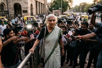 Social activist Medha Patkar exiting a Delhi courtroom following her conviction in a long-standing defamation case.