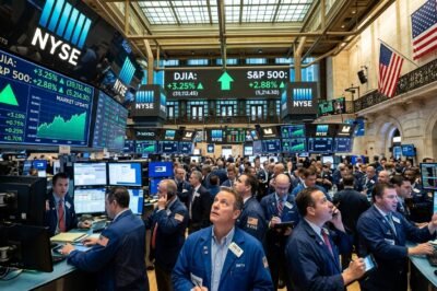Traders on the floor of the New York Stock Exchange looking at large green digital displays showing the market recovery.