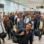 Indian nationals arriving at an airport terminal after being rescued from cybercrime syndicates in Cambodia.