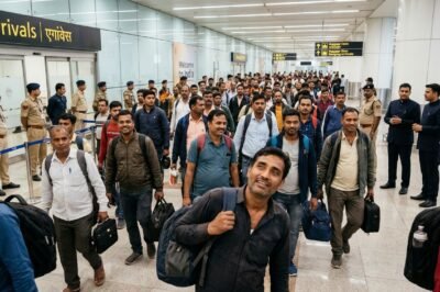 Indian nationals arriving at an airport terminal after being rescued from cybercrime syndicates in Cambodia.