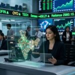 A conceptual image showing the logos of Jio and OYO against a background of a rising stock market graph and a digital exchange board.