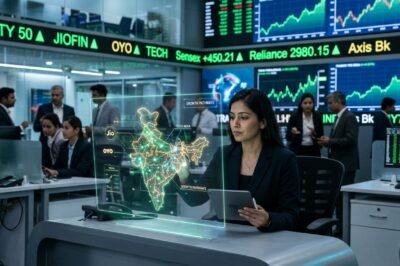 A conceptual image showing the logos of Jio and OYO against a background of a rising stock market graph and a digital exchange board.