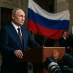 Russian President Vladimir Putin speaking at a press conference regarding South Korean relations and North Korean defense pact.