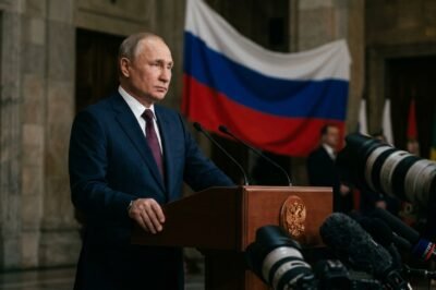 Russian President Vladimir Putin speaking at a press conference regarding South Korean relations and North Korean defense pact.