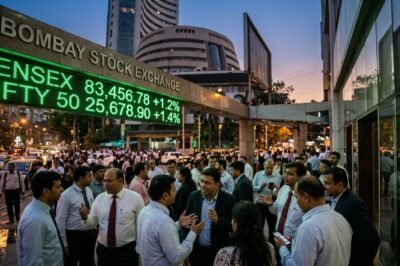 Indian stock market indices Sensex and Nifty showing record high points on a digital trading screen with green indicators.
