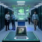 A high-tech digital visualization of Nvidia's logo glowing amidst a background of complex semiconductor circuitry and rising financial data charts.