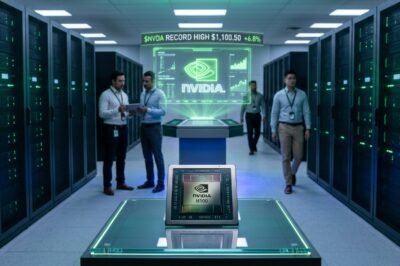 A high-tech digital visualization of Nvidia's logo glowing amidst a background of complex semiconductor circuitry and rising financial data charts.