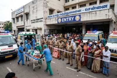 Ambulances and crowds gathered at the Kallakurichi Government Medical College after a massive spurious liquor tragedy in Tamil Nadu.