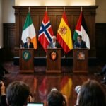 The national flags of Ireland, Spain, and Norway flying alongside the Palestinian flag in a formal diplomatic setting.