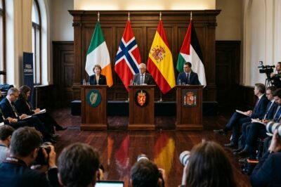 The national flags of Ireland, Spain, and Norway flying alongside the Palestinian flag in a formal diplomatic setting.