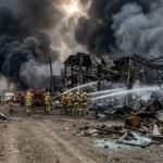 Emergency workers and thick smoke at the site of a fatal chemical factory boiler explosion in Thane, India.