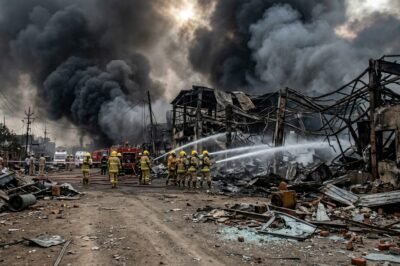Emergency workers and thick smoke at the site of a fatal chemical factory boiler explosion in Thane, India.