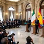 An official press conference scene with the flags of Ireland, Spain, Norway, and Palestine displayed together in a symbolic show of diplomatic recognition.