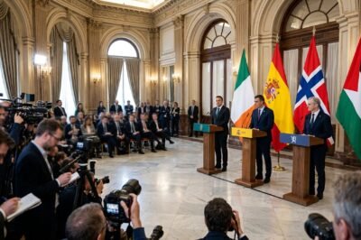 An official press conference scene with the flags of Ireland, Spain, Norway, and Palestine displayed together in a symbolic show of diplomatic recognition.