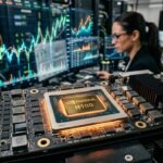 A professional financial chart showing Nvidia (NVDA) stock price surging vertically alongside a photorealistic AI chip.