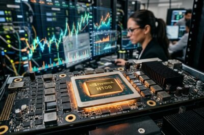 A professional financial chart showing Nvidia (NVDA) stock price surging vertically alongside a photorealistic AI chip.