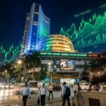 Traders monitoring green stock market tickers showing Sensex and Nifty at record highs after RBI dividend announcement.