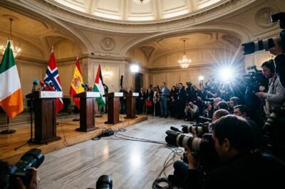 International flags of Ireland, Norway, Spain, and Palestine displayed at a formal government press conference.