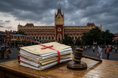 A legal gavel on a desk in front of the Calcutta High Court building, symbolizing the landmark OBC reservation ruling.