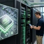 A high-tech glowing semiconductor chip representing Nvidia's market growth and AI dominance.