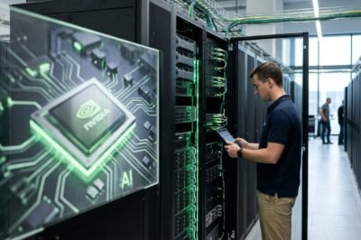 A high-tech glowing semiconductor chip representing Nvidia's market growth and AI dominance.