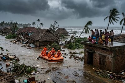 Aerial view of flooded coastal villages in Andhra Pradesh after Cyclone Arnab landfall showing destroyed homes and uprooted trees.