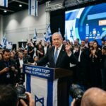 Israeli election results showing Benjamin Netanyahu addressing supporters amidst a divided Knesset map.