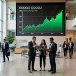 Alphabet Inc. stock ticker showing positive growth with a Google Cloud logo background.