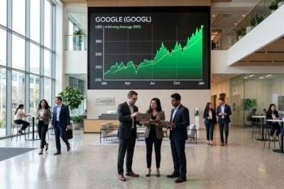 Alphabet Inc. stock ticker showing positive growth with a Google Cloud logo background.