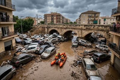 Aerial view of catastrophic flash flooding in Valencia, Spain, showing submerged vehicles and destroyed roads after record-breaking rainfall.