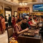Indian shoppers looking at gold jewelry in a store during the Dhanteras festival with record high prices displayed on screens.
