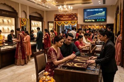 Indian shoppers looking at gold jewelry in a store during the Dhanteras festival with record high prices displayed on screens.