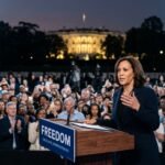 Vice President Kamala Harris delivering her closing argument speech at the Ellipse in Washington D.C. with the White House in the background.