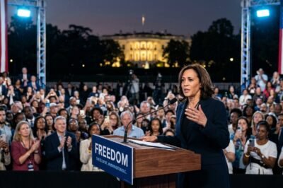 Vice President Kamala Harris delivering her closing argument speech at the Ellipse in Washington D.C. with the White House in the background.