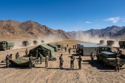 Military vehicles and tents being moved during the disengagement process between Indian and Chinese forces in the high-altitude terrain of Ladakh.