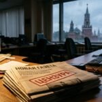 A symbolic image representing the censorship of Novaya Gazeta, featuring a dark newsroom and a silenced printing press.