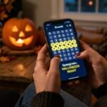 A digital screen showing the NYT Strands puzzle grid with Halloween-themed words highlighted in blue and yellow.