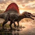 A detailed 3D reconstruction of a Spinosaurus hunting in a prehistoric river, highlighting its dorsal sail and aquatic features for educational and scientific context.