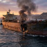 A large oil tanker at sea with smoke rising from a hull breach caused by a limpet mine explosion.
